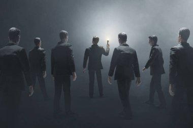 İşadamı elinde meşale 3D resimle ayakta duruyor.