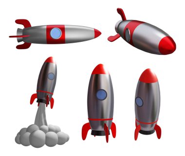 Beyaz arkaplanda izole edilmiş 3d roket çizimi