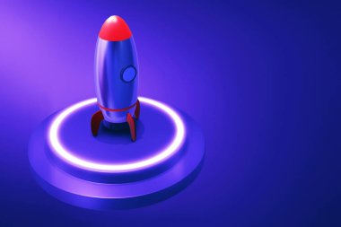 Mor arkaplanda 3D roket çizimi