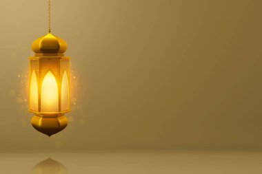 Hanging golden arabic lantern on 3d illustration