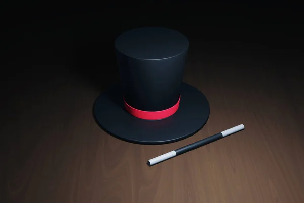 Top hat magic wand on stage 3d illustration