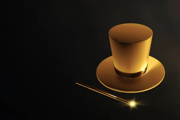 ゴールデントップ帽子魔法の杖3Dイラスト — ストック写真