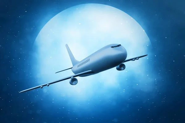 Airplane flying night star on 3d illustration