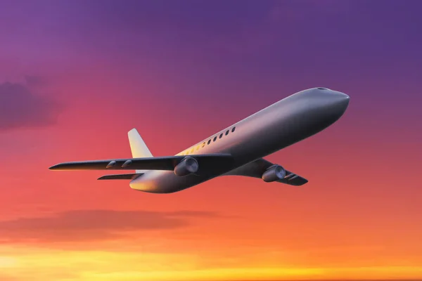 Airplane flying sunset on 3d illustration