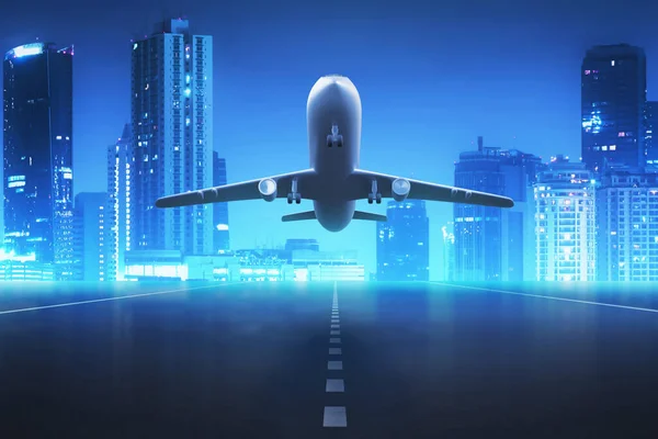 Airplane taking off night on 3d illustration