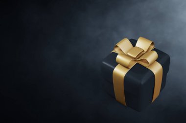 Üst görünüm hediye kutusu koyu arkaplan 3D illüstrasyon, Kara Cuma konsepti