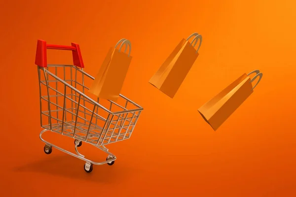 Metal Shopping Cart Orange Background Ilustracja — Zdjęcie stockowe