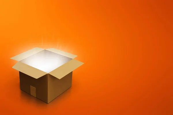 橙色背景的神秘纸盒3D插图 — 图库照片