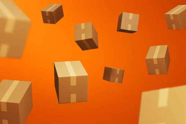Volar Caja Cartón Sobre Fondo Naranja Ilustración —  Fotos de Stock