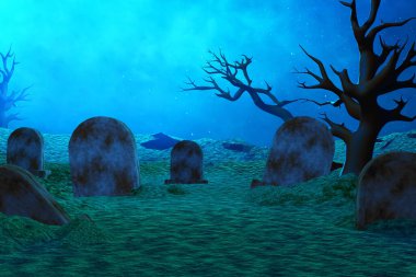 Gece 3 boyutlu resimde mezarlıkta çizgi film mezar taşı