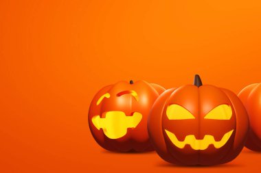 Çizgi film komik gülümseme kabağı turuncu arka planda parlayan yüz 3D illüstrasyon