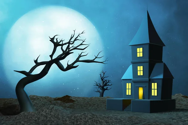 Casa Assombrada Com Lua Cheia Ilustração — Fotografia de Stock
