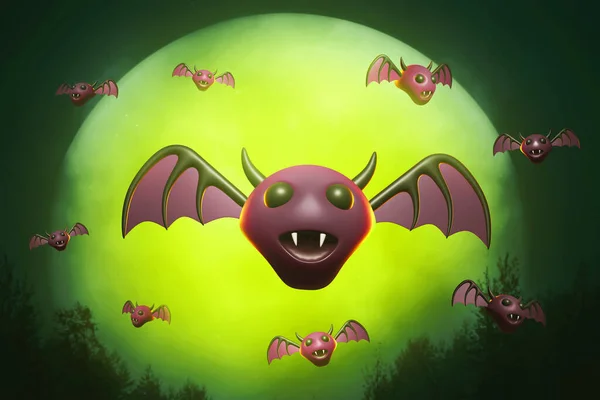 Desenhos Animados Voando Morcego Com Lua Cheia Ilustração — Fotografia de Stock
