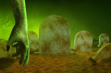 Zombi elleri mezarlıkta. 3 boyutlu illüstrasyon.