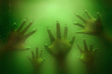 Gölge Bulanık Zombi Elleri 3 boyutlu resimde camın arkasında