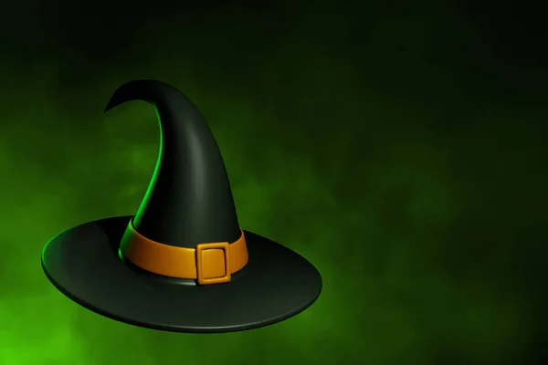 绿烟背景上的卡通滑稽女巫帽3D插图 — 图库照片