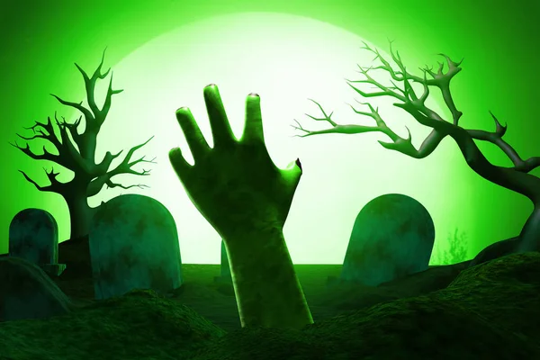 Zombie Mãos Chegar Cemitério Cemitério Com Lua Cheia Ilustração — Fotografia de Stock