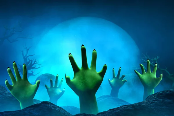 Зомби Руки Достичь Кладбище Кладбище Полной Луны Иллюстрации — стоковое фото
