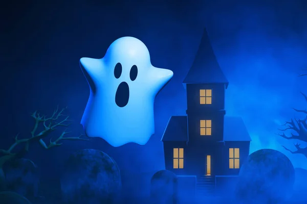 Desenhos Animados Engraçado Voando Folha Fantasma Branco Com Casa Assombrada — Fotografia de Stock
