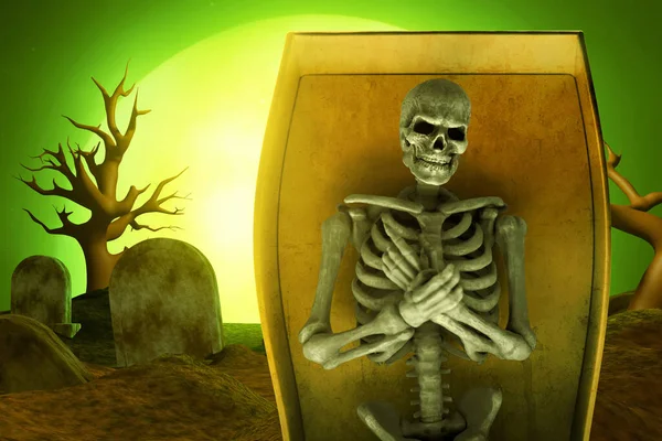 Гроб Человеческим Скелетом Кладбище Полнолуние — стоковое фото