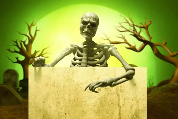Открытка Хэллоуин Смешной Человеческий Скелет Пустым Знаком Кладбище Полнолуние — стоковое фото