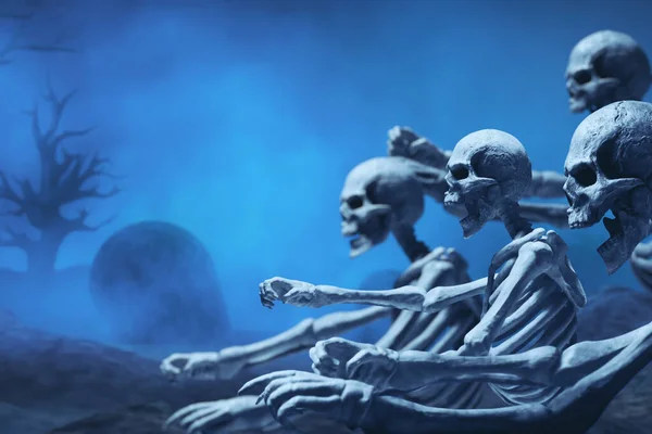 Группа Человеческих Скелетов Кладбище Туманом Дымовым Фоном — стоковое фото