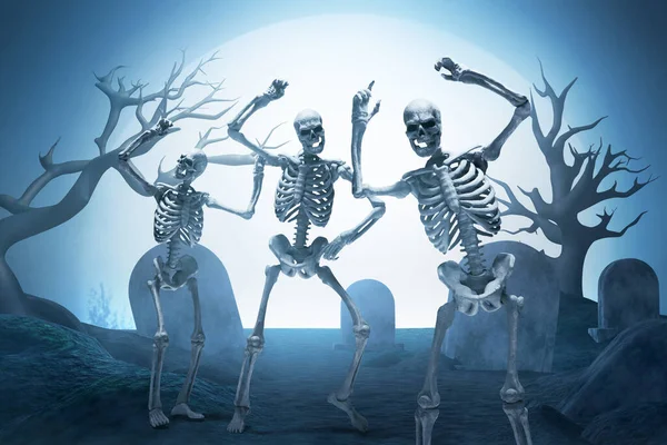 一群滑稽的骷髅在有满月背景的坟场跳舞 — 图库照片