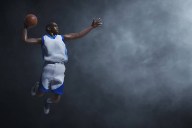 3D illüstrasyon profesyonel basketbolcu koyu arkaplanda smaç