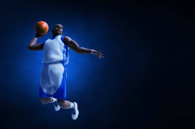 3D illüstrasyon profesyonel basketbolcu koyu arkaplanda smaç