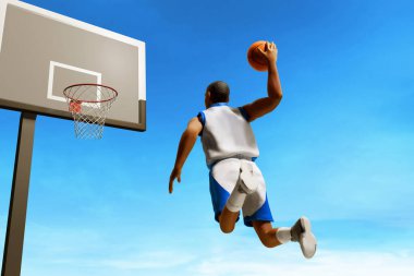 3D illüstrasyon profesyonel basketbolcu Blue Sky caddesinde smaç bastı