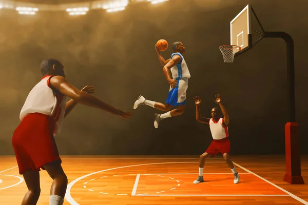 3d illustration two team of professional basketball player slam dunk in sport arena