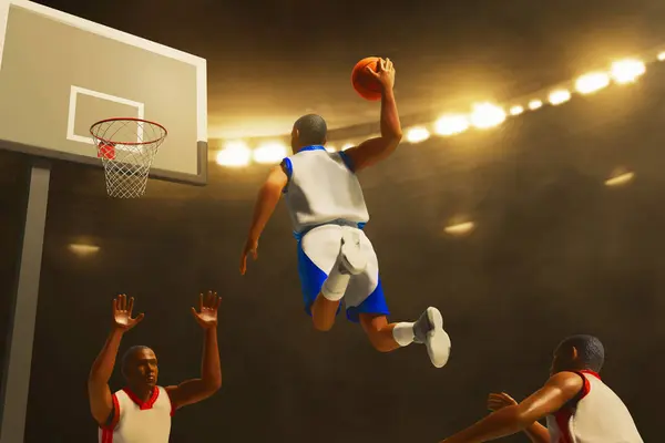 3d illustration two team of professional basketball player slam dunk in sport arena