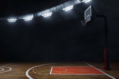 3D illüstrasyon: Gece arkaplanındaki karanlık profesyonel basketbol sahası