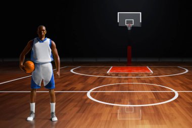 3D illüstrasyon profesyonel basketbolcu boş spor sahasında topu tutuyor.