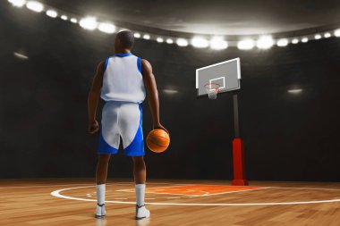 3D illüstrasyon: Profesyonel basketbolcunun spor sahasında topu tutuşu.