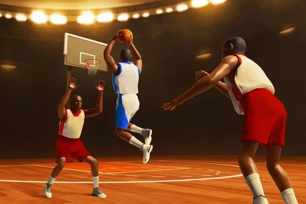 3d illustration two team of young professional basketball player shooting in sport arena