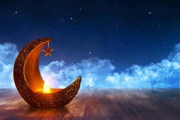 Shiny golden crescent moon with star lantern on wooden floor at beautiful blue night sky with cloud, Ramadan kareem background