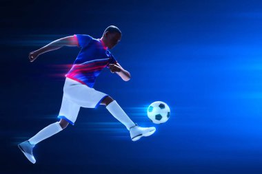 3D illüstrasyon genç profesyonel futbolcu koyu mavi arka planda topa vuruyor