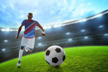3D illüstrasyon genç profesyonel futbolcu mavi gökyüzüyle stadyum sahasında koşuyor