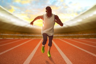 Genç koşucu bitiş çizgisine koşuyor. Stadyum sahasında güneş ışığı gökyüzü, 3 boyutlu illüstrasyon. 