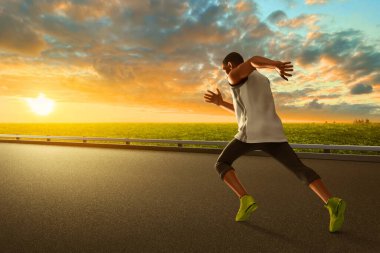 Sokakta koşan genç adam, sabah şehir parkında güneş ışığı gökyüzü, 3 boyutlu illüstrasyon