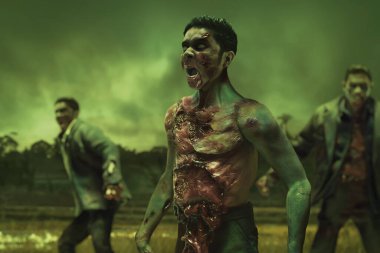 Bir grup korkunç zombi ormanda, Cadılar Bayramı temalı.