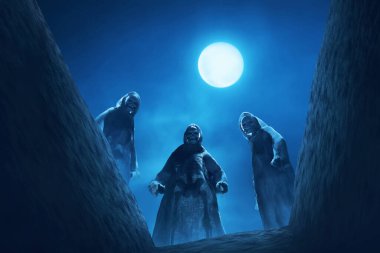 Mezarlık, ay ve sisli, Cadılar Bayramı temalı bir grup azrail.