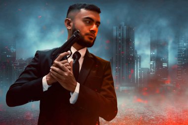 Beard man in black suit holding gun on city war with destroyed and burned building clipart