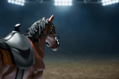 Gece yarış pistindeki atın arka görüntüsü