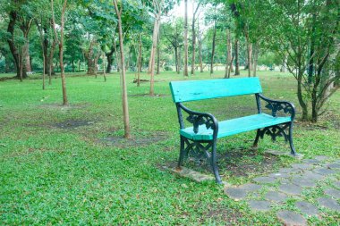 Canlı mavi bir bank ağaçlarla çevrili yemyeşil bir parkta oturuyor, rahatlama ve sükuneti davet ediyor. Sakin atmosfer doğanın güzelliğini arttırır.