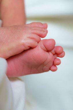Narin ayak parmakları ve yumuşak derisi olan minicik bir bebek ayağı birlikte dinleniyor. resim masumiyeti ve çocukluk yıllarının sıcaklığını yakalar, sevgi ve şefkat duyguları uyandırır.