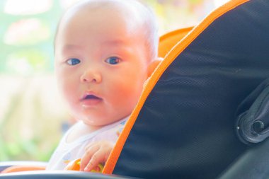 Bebek arabasında oturan meraklı bir bebek, kameraya geniş gözlerle bakıyor, masumiyetini ve merakını gösteriyor. parlak renkler ve yumuşak ışıklandırma neşeli atmosferi güçlendirir