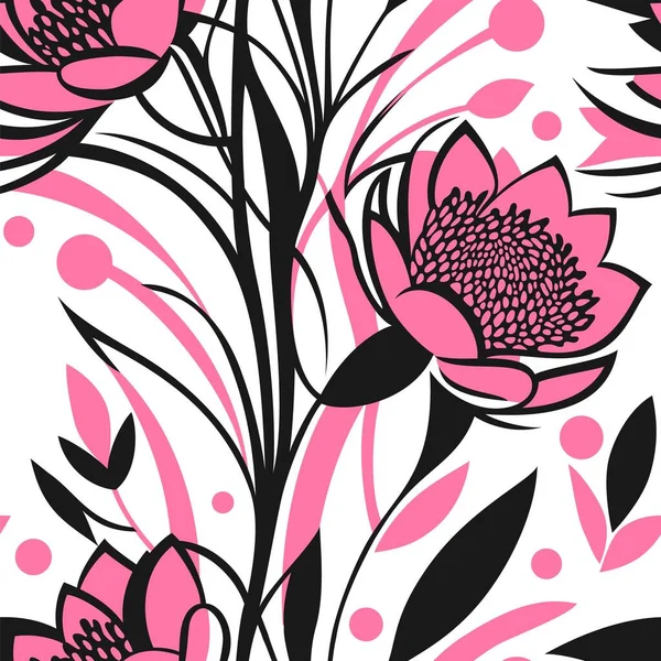 ピンクのアクセントカラーとブラックのアウトラインを持つ花のシームレスなパターン ベクターイラスト — ストックベクタ