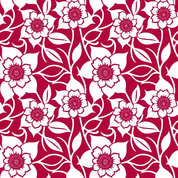 Απρόσκοπτη Μοτίβο Λευκά Λουλούδια Κόκκινο Φόντο Εικονογράφηση Διανύσματος — Διανυσματικό Αρχείο